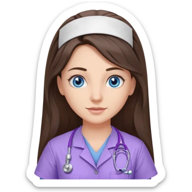 pretty brunette nurse with long hair and blue eyes in lilac scrubs sticker