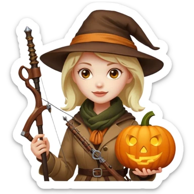 female human monster hunter emoji, wearing brown coat and hat, holding crossbow, soft smile, scarf, glowing pumpkin by her side, Halloween fantasy style, clean vector Apple emoji look, bright colors, white background, square sticker