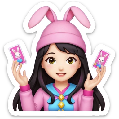 pixel art chibi asian girl with dark long hair in pink bunny ears hat magical girl with kawaii tarot cards thrown in air pixel emoji sticker