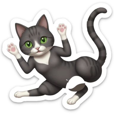 beautiful female solid dark grey cat with green eyes, white toes/paws and white patch on her chest playfully rolling upside down sticker