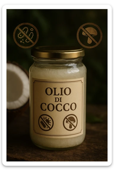 vertical realistic image of a jar of coconut oil with Italian label 'Olio di Cocco', surrounded by symbols indicating action against dysbiosis and fungi (bacteria and fungi crossed out). Cinematic style, natural atmosphere, no other text, vertical 2:3 aspect ratio. sticker