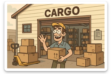 cargo warehouse, cartoon illustration style sticker