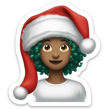 Unisex person short curly dark green hair in a red Santa hat  sticker