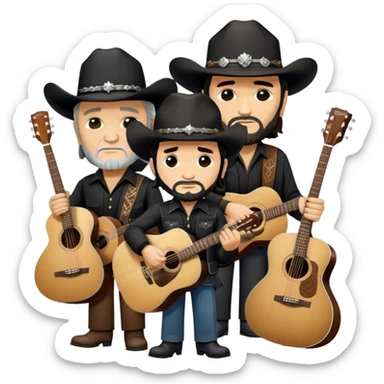 Icon for Country Music: The Highwaymen—Johnny Cash, Willie Nelson, Waylon Jennings, and Kris Kristofferson—standing together with guitars, cowboy hats, and rugged outlaw country aesthetics. Warm tones, western scenery hints, and a transparent background. sticker