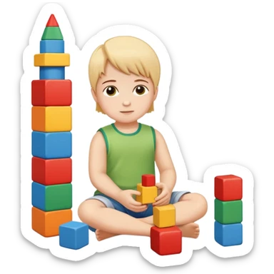 young child sitting on the floor, building a tower with blocks sticker