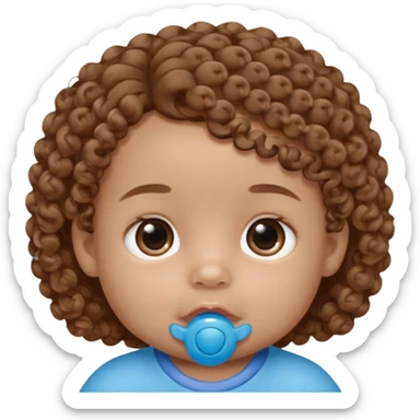 A baby with light brown skin, soft curly light-brown hair, wide brown eyes, and a blue pacifier.  sticker