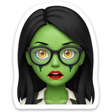 crie um emoji de zumbi feminino, com pele verde, óculos preto e cabelo longo preto sticker