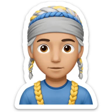 young climber man with white/grey braided hair and headband sticker