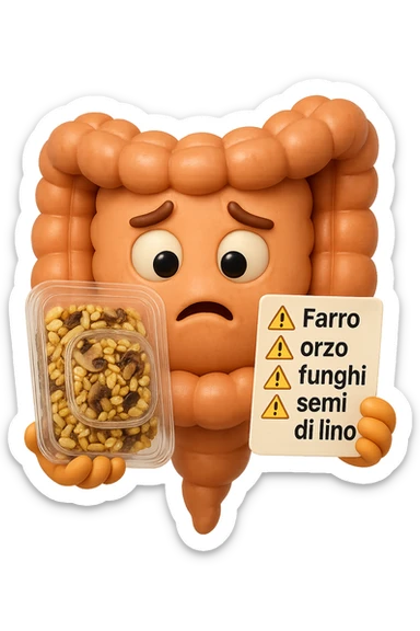 SU QUESTO STILE FAI UN EMOJI STILE IPHONE 3D DI UN INTESTINO CHE HA IN MANO UN insalata di farro mista CONFEZIONATa DA SUPERMERCATO E LEGGE L'ETICHETTA NUTRIZIONALE CON GLI INGREDIENTI IN ITALIANO, ACCANTO ALL'insalata CHE HA IN MANO C'è UN FOCUS SULL'ETICHETTA CON GLI INGREDIENTI SCRITTI, "Farro, orzo, funghi, semi di lino" accanto ad ogni nome scritto mettici un segnale di allarme, FAGLI UN ESPRESSIONE CONFUSA MENTRE LEGGE E FALLO MOLTO REALISTICO IN 3D sticker