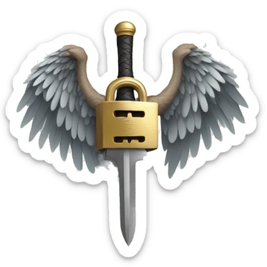 a lock with wings and arms holding a sword sticker