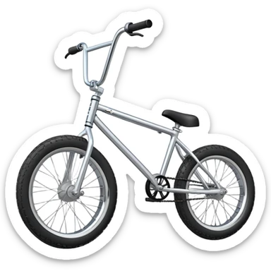 BMX bike with chrome frame, side view, small wheels with fat tires, high rise handlebars, pegs on axles, iOS emoji style sticker