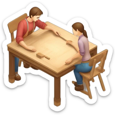 isometric square transparent solid outline border containing woodworking teacher with student teaching in creative workshop on long table sticker