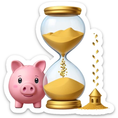 A minimalist emoji-style icon: A stylized piggy bank with a coin dropping into it, next to an hourglass. The hourglass symbolizes time and long-term savings for retirement. Simple shapes, flat bright colors, emoji-like design. sticker