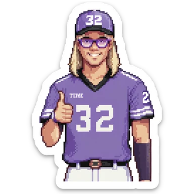 Man with black and white cap, purple sports jersey with number 32, clear glasses, light blond mullet hairstyle, thumbs up gesture sticker