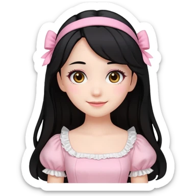 pale girl with medium length black hair, brown eyes, doll-like hime makeup, wearing a light pink hime dress, emoji style, smiling sticker