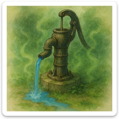 a Ghibli-style water pump with blue water and a subtle sickly green mist to suggest cholera sticker