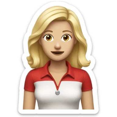 Blond female with medium length hair  wearing  a red dog collar sticker