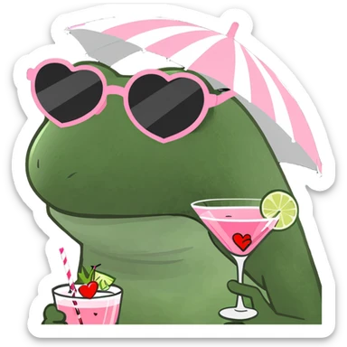 Bufo frog in a sitting cross-legged pose, with striped umbrella hat, heart-shaped sunglasses, holding a pink cocktail, classic Bufo meme style, no background. sticker
