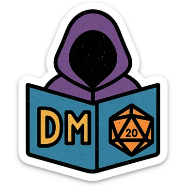 minimalist icon representing Dungeon Master for DnD TTRPGs with DM screen, dice, or hooded figure, worn distressed look sticker