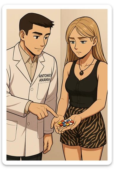 fai un webtoon/manga a colori con questo kinesiologo in camice bianco (fagli la scritta "ANTONIO ANANIA" SUL CAMICE) CHE PARLA CON QUESTA RAGAZZA CON GLI OCCHI AZZURRI. LA RAGAZZA HA UN PUGNO DI INTEGRATORI IN MANO (TANTE PILLOLE DIVERSE) E LE GUARDA DUBBIOSA. IL KINESIOLOGO CON IL CAMICE BIANCO LE TOCCA LA PANCIA CON UN DITO. NON FARE I FUMETTI, FAI SOLO LORO COME SE DIALOGASSERO sticker