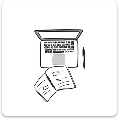 top view of a MacBook and a notebook with a pen nearby, notebook with visible notes sticker