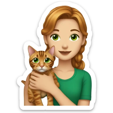 Girl with caramel Brown hair and Green eyes Holding a Bengal cat With Green eyes  sticker