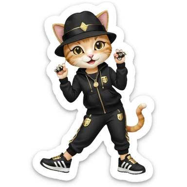 female cat dressed like Run DMC with tracksuit, fedora, Adidas shoes, lots of gold chains, rings, bracelets, earrings, laughing, looking up, no sunglasses sticker
