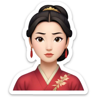 Cinematic Realistic Serene Mulan Portrait, showing Mulan (chest and above) with radiant, smooth skin and delicately detailed dark hair swept back in a neat bun. Her gentle, reflective expression is captured with soft natural lighting that highlights the nuanced textures of her features and traditional attire in muted hues. The composition glows with an inviting, natural radiance and subtle shadows, evoking a calm and introspective mood that speaks of quiet strength and enduring beauty. sticker