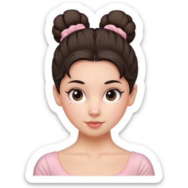 white girl a single messy ballet bun, dark hair,  sticker
