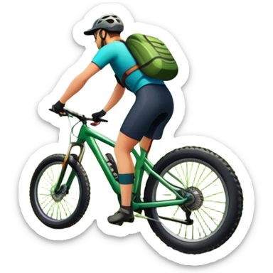 An icon showing a mountain bike with thick tires on a forest trail, surrounded by trees and natural terrain. The background features a lush green forest with sunlight filtering through the branches, and a winding path ahead. Transparent background highlights the  adventure of mountain biking. sticker