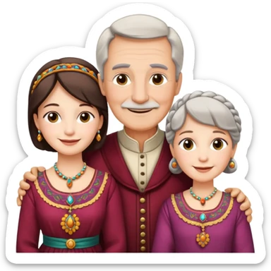 Indiana family with a 70 years old father and mother and a 40 years old daughter. They wear a traditional dress. They are smiling. sticker