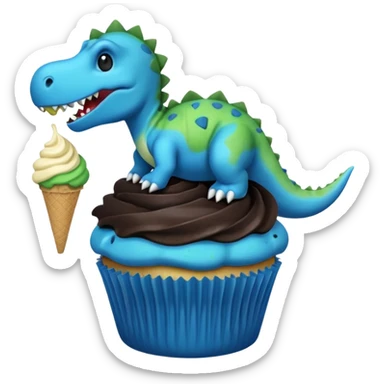 A cupcake having blue and black icing and a dinosaur as a decoration and ice cream next to it sticker