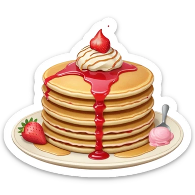 a stack of pancakes with strawberry ice cream sticker