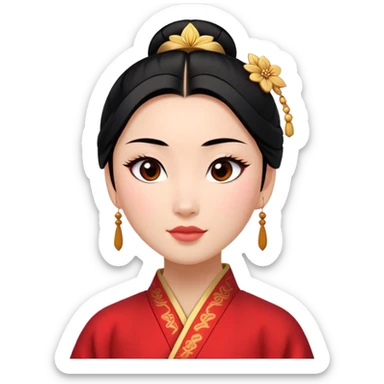 Cinematic Elegant Mulan Portrait Emoji, rendered in a realistic, vector-style with minimal shading and bold, simplified shapes. Depict Mulan (chest and above) with warm, light-toned skin, almond-shaped eyes, and sleek black hair styled in a traditional bun. She wears a modest, traditional robe with subtle red and gold accents, glowing with a soft, refined radiance and high shine, capturing timeless beauty and inner strength. sticker