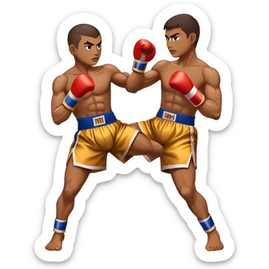 Cinematic Realistic Traditional Muay Thai Emoji, depicted as an intense dynamic martial arts scene featuring a fighter in traditional Muay Thai stance and attire, rendered with rich textures and energetic dramatic lighting that captures the sport's raw power. sticker