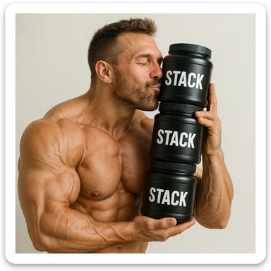 hyper realistic bodybuilder happily kissing a stack of 'stack' supplements, well-defined muscles, affectionate expression, realistic details, light background sticker