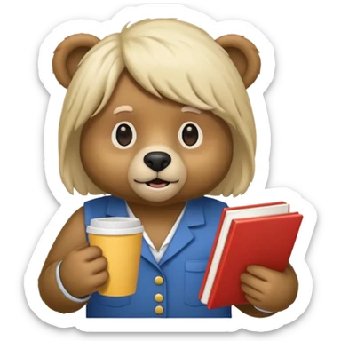 A bear wearing a wig, holding a textbook, and holding a coffee cup sticker