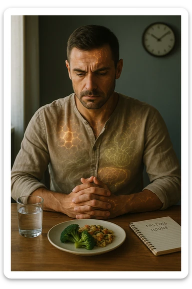 A cinematic close-up of a focused man in his mid-30s with slight beard and tired but determined eyes, sitting alone at a simple wooden table with an untouched plate of food in front of him. His hands are clasped, fingers interlocked in a meditative position over his lower abdomen, symbolizing willpower and internal balance. He wears a lightweight natural fiber shirt, sleeves rolled up. The lighting is soft and natural, early morning light coming from a nearby window. Around him, visual cues of cellular regeneration — faint glowing patterns subtly overlaying his body, especially near the liver, gut, and brain, suggesting autophagy and deep healing. The room is minimalist: a glass of water, a notebook with fasting hours, and a clock in the background ticking calmly. The tone is serene, intentional, and deeply introspective. Shot in 35mm cinematic style, warm highlights and clean shadows. sticker