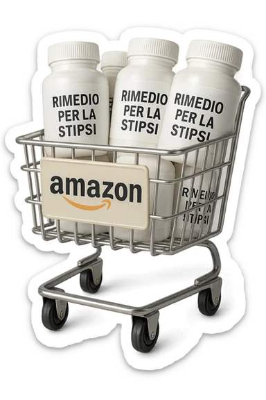 emoji stile iphone di un carrello per la spesa con l'icona di amazon stampata sopra, dentro al carretto ci sono varie boccette di integratori con la scritta "RIMEDIO PER LA STIPSI", iperrealistico 4k sticker