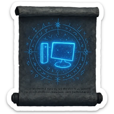 Generate a minimal, ancient spell scroll with the Windows 'My Computer' icon as a glowing blue sketch, surrounded by glintstone sparkles and arcane lines, centered on the blank scroll. The image should be 1080 x 1080 with a transparent background, evoking a mystical, magical feel. sticker
