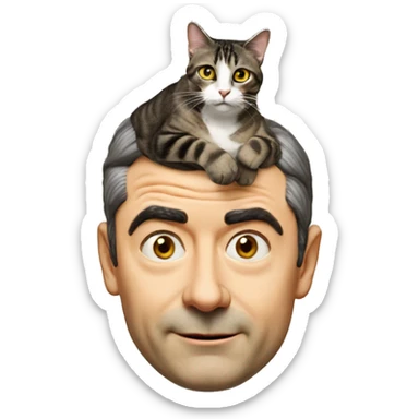 The cat is sitting on Mr. Bean's head sticker