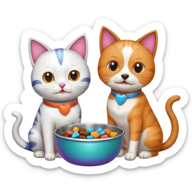 a cat and a dog eating treats from a bowl sticker