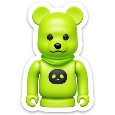 bearbrick toy wearing a neon lime green balaclava with a small black logo sticker