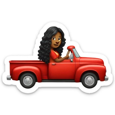 A lady with long curly black hair, driving a red old pick up truck sticker