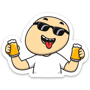 Guy drinking two beers at one time with one in each hand, mouth open and tongue out, sunglasses on sticker