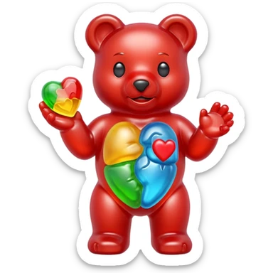 Multicolored gummy bear holding gummy anatomically correct human heart sticker