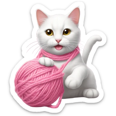 Realistic white cat playing with pink yarn sticker