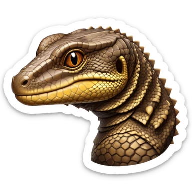 Cinematic Noble brown camo monitor Lizard Portrait Emoji, Poised and regal, with a robust, scaled body exhibiting striking, mottled patterns and piercing, alert eyes, Simplified yet sharp and sophisticated features, highly detailed, glowing with a soft, earthy glow, high shine, intelligent and formidable, stylized with an air of ancient wilderness, focused and commanding, soft glowing outline, capturing the essence of a watchful and confident reptilian guardian that appears ready to stride out of the screen with effortless authority! sticker