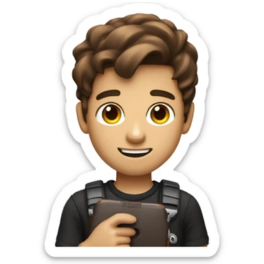 Create an emoji of a boy with brown hair and not-so-brown skin holding a Nintendo Switch and winking sticker
