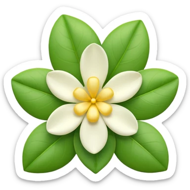 iOS-style 3D emoji: a delicate jasmine flower with five white petals, soft yellow center, and glossy green leaves sticker